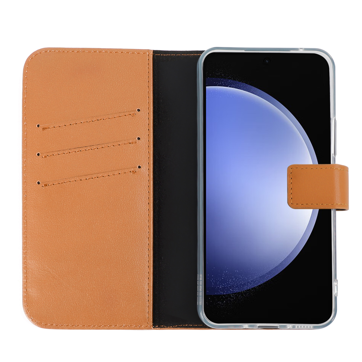 Open telefoonhoesje met een bruine flap. Telefoonscherm is aan.