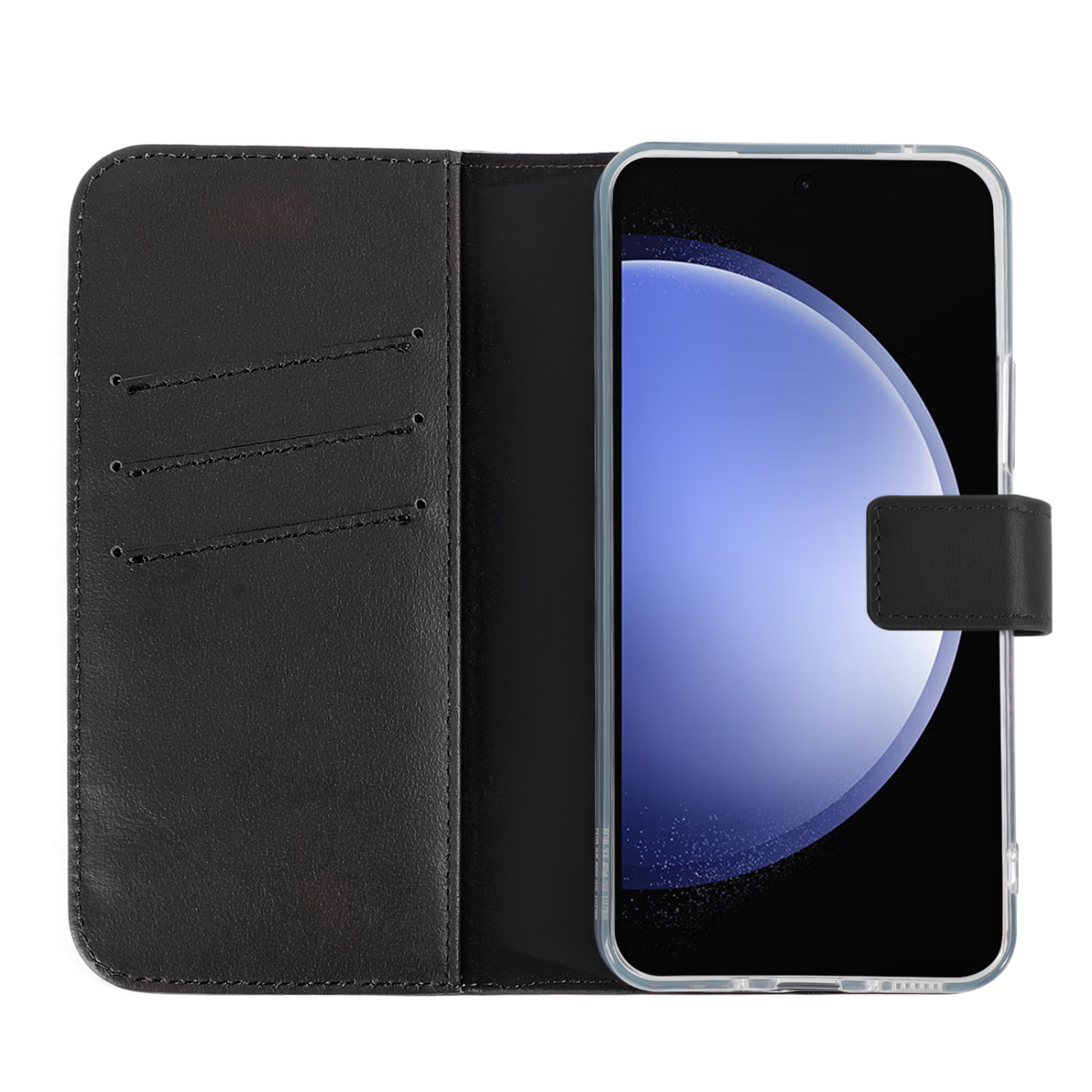 Zwarte leren telefoonhoes. De telefoon is van binnen zichtbaar en heeft een kaartsleuf.