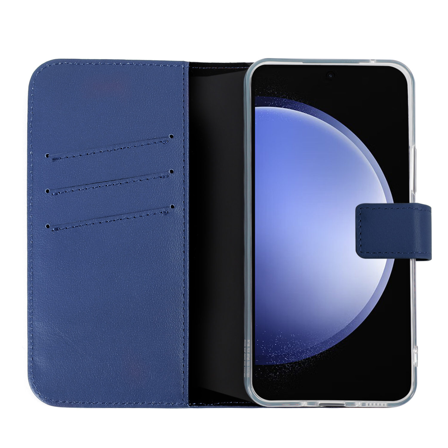 Blauwe telefoonhoes met een telefoon erin, met het scherm en kaartsleuven.