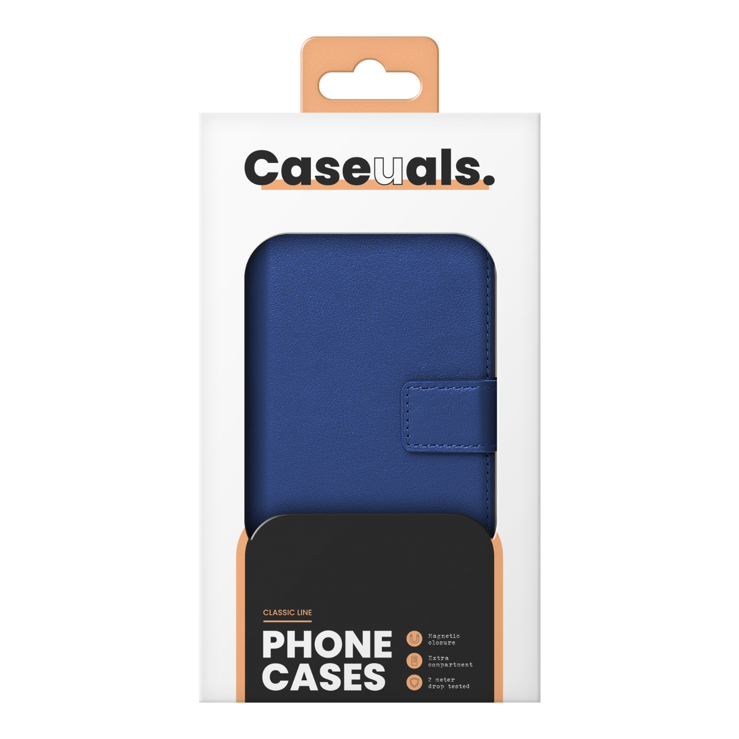 Een blauwe telefoonhoes in een wit en bruin doosje, met tekst over de telefoonhoesjes.
