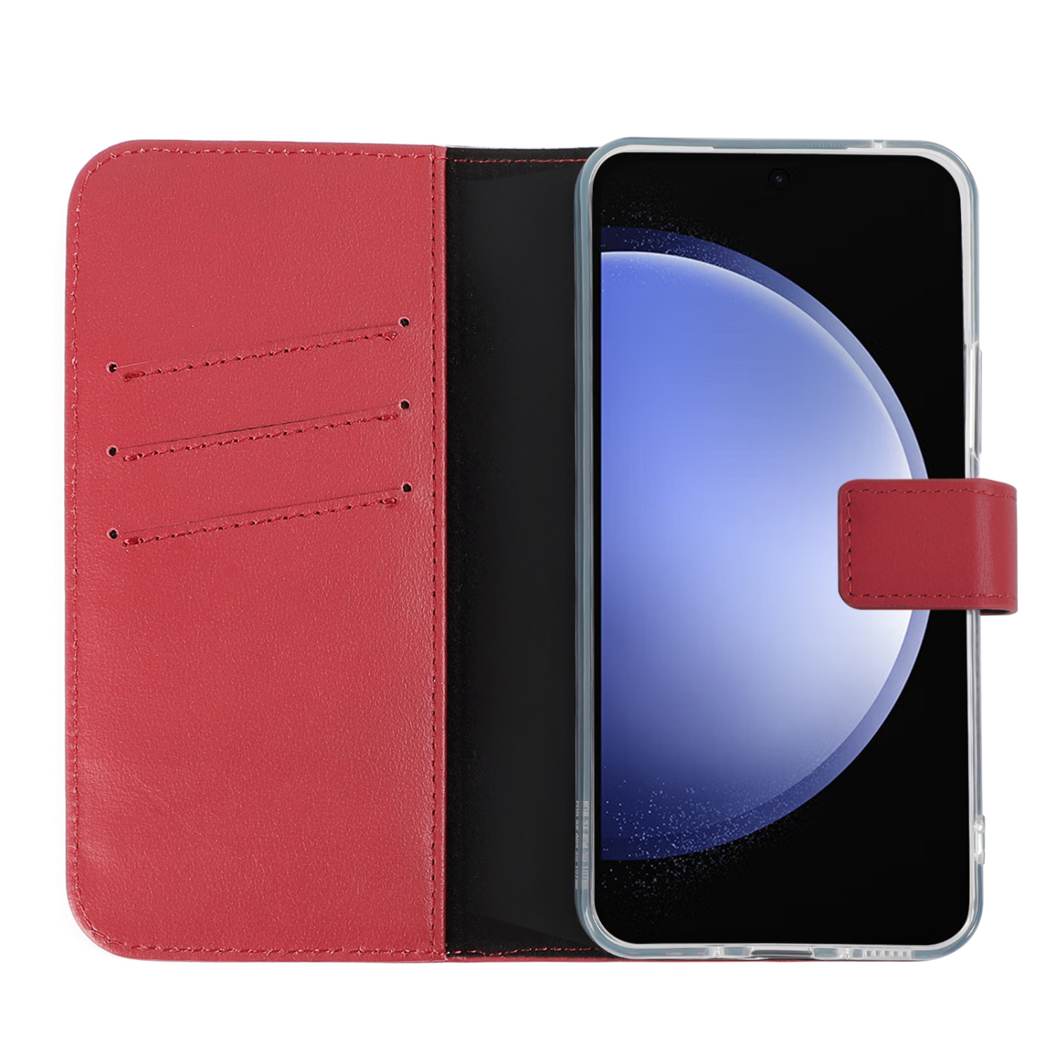 Een rode leren telefoonhoes, open om een telefoon te laten zien. De telefoon is zwart met een helder scherm.
