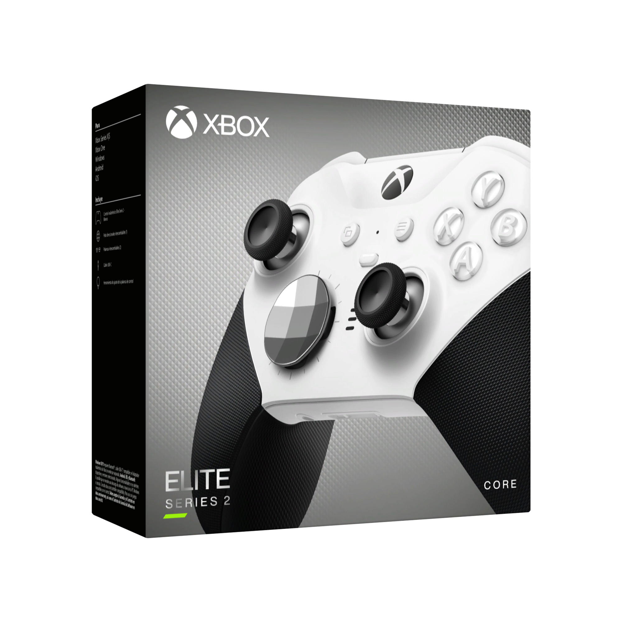 Caja del mando Xbox Elite Series 2, mando blanco visible con detalles negros.