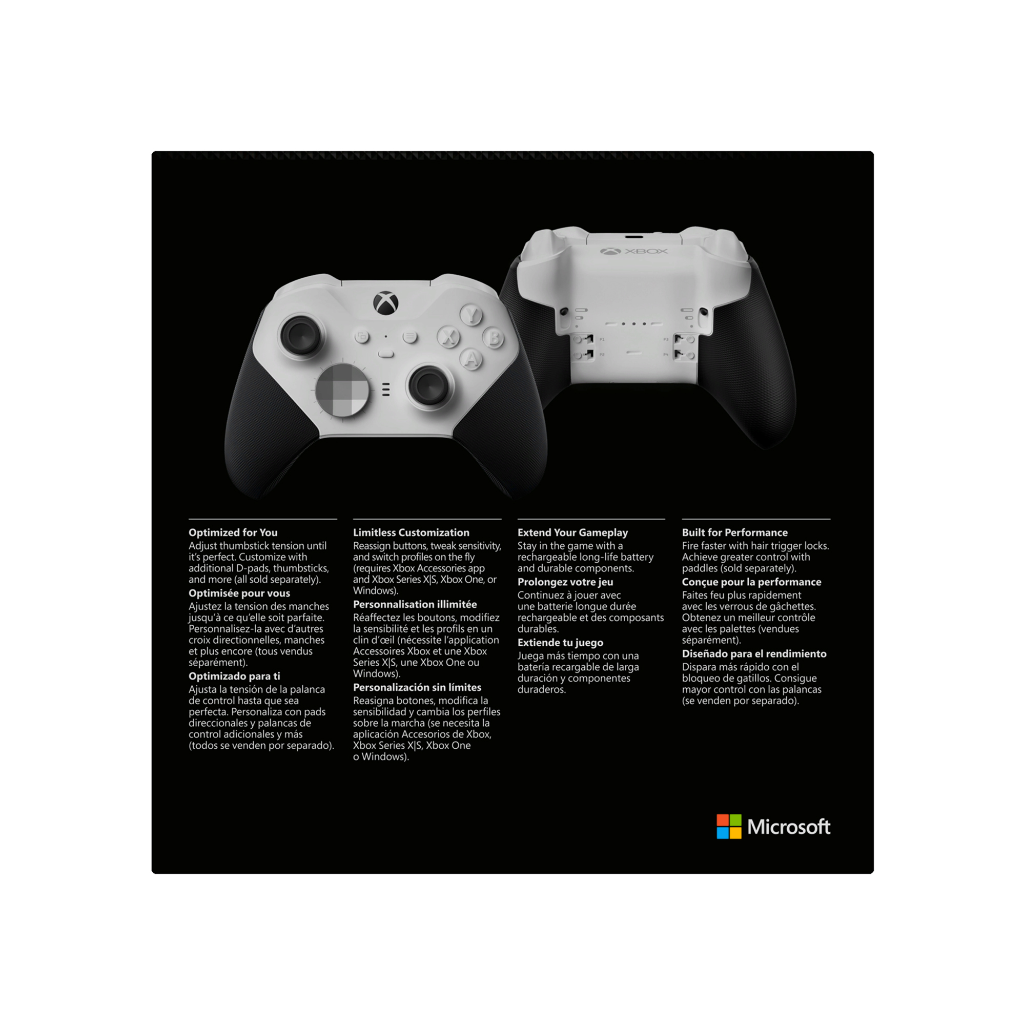 Dos mandos Xbox blancos y negros. Texto a la izquierda y derecha de los mandos.