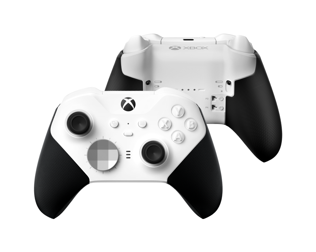 Mando inalámbrico Xbox Elite V2 Microsoft Core White, vista frontal y trasera con Bluetooth, vista angular, joysticks ajustables y gatillos, compatible Xbox, PC y móvil