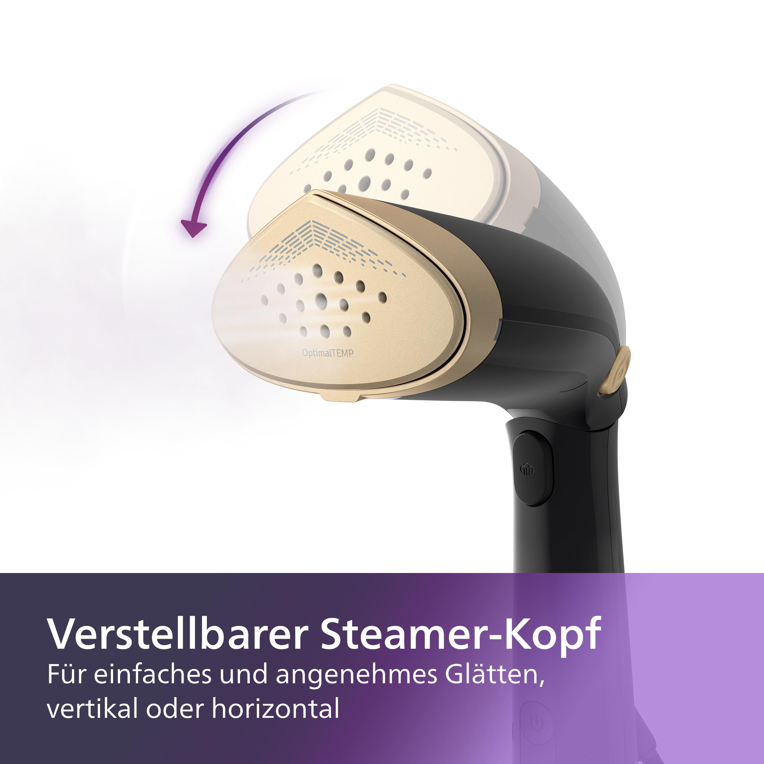 Schwarzer und goldener Kleiderdampfer mit Text: Verstellbarer Dampfkopf für einfaches und angenehmes Glätten.