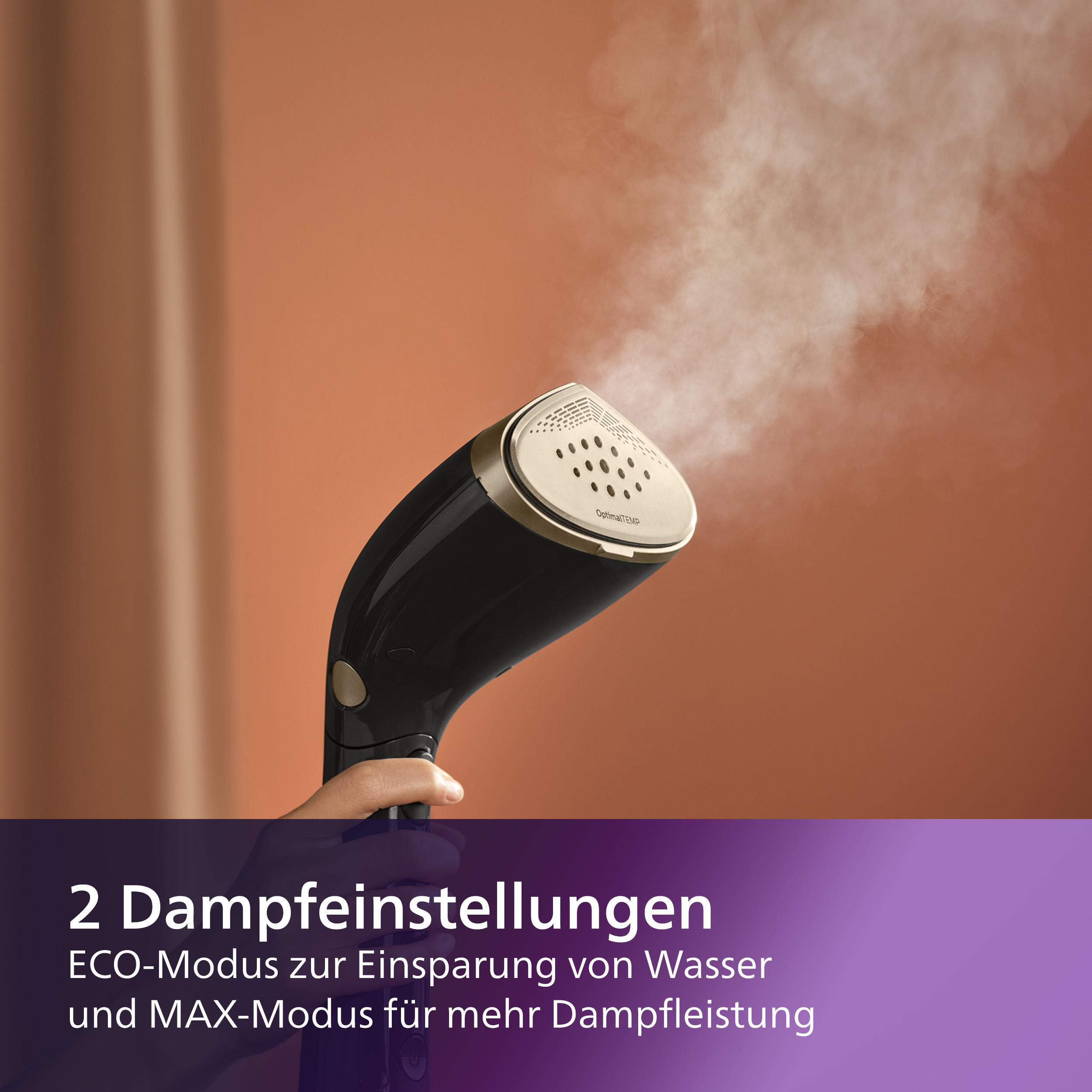 Hand hält schwarzen und goldenen Dampfgarer, Dampf wird freigesetzt. Text: '2 Dampfeinstellungen'.