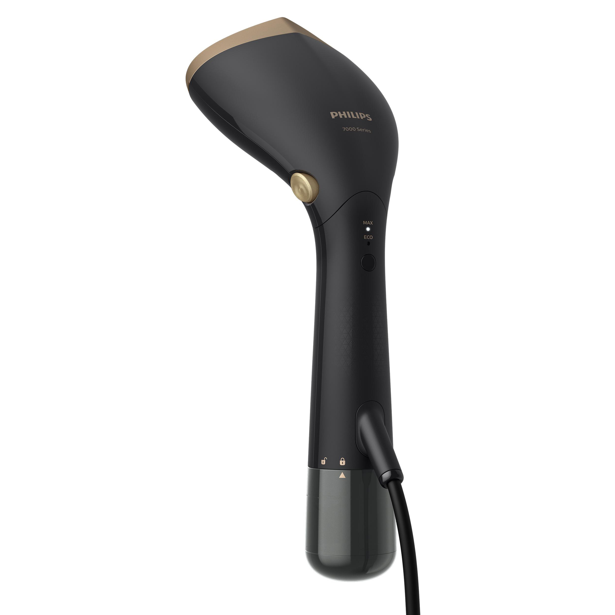 Schwarzer und goldener Philips 7000 Series Dampfglätter, freigestellt.