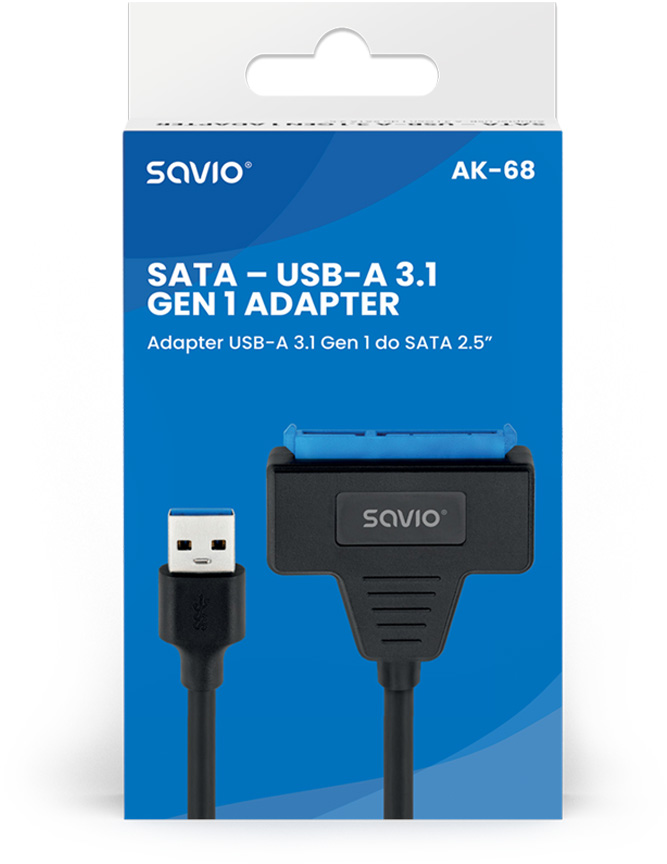 USB-A 3.1 Gen 1 - SATA 2.5" adapter csomagolásban, fekete és kék dizájnnal.