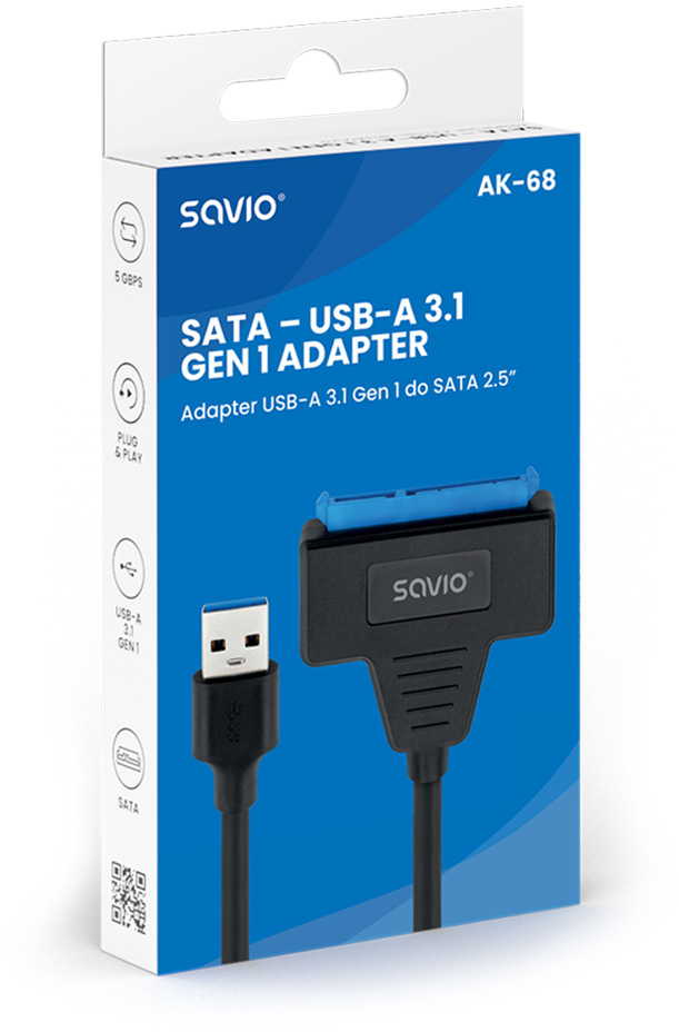 SATA-USB adapter dobozban, USB kábellel, kék részletekkel, fehér háttérrel.