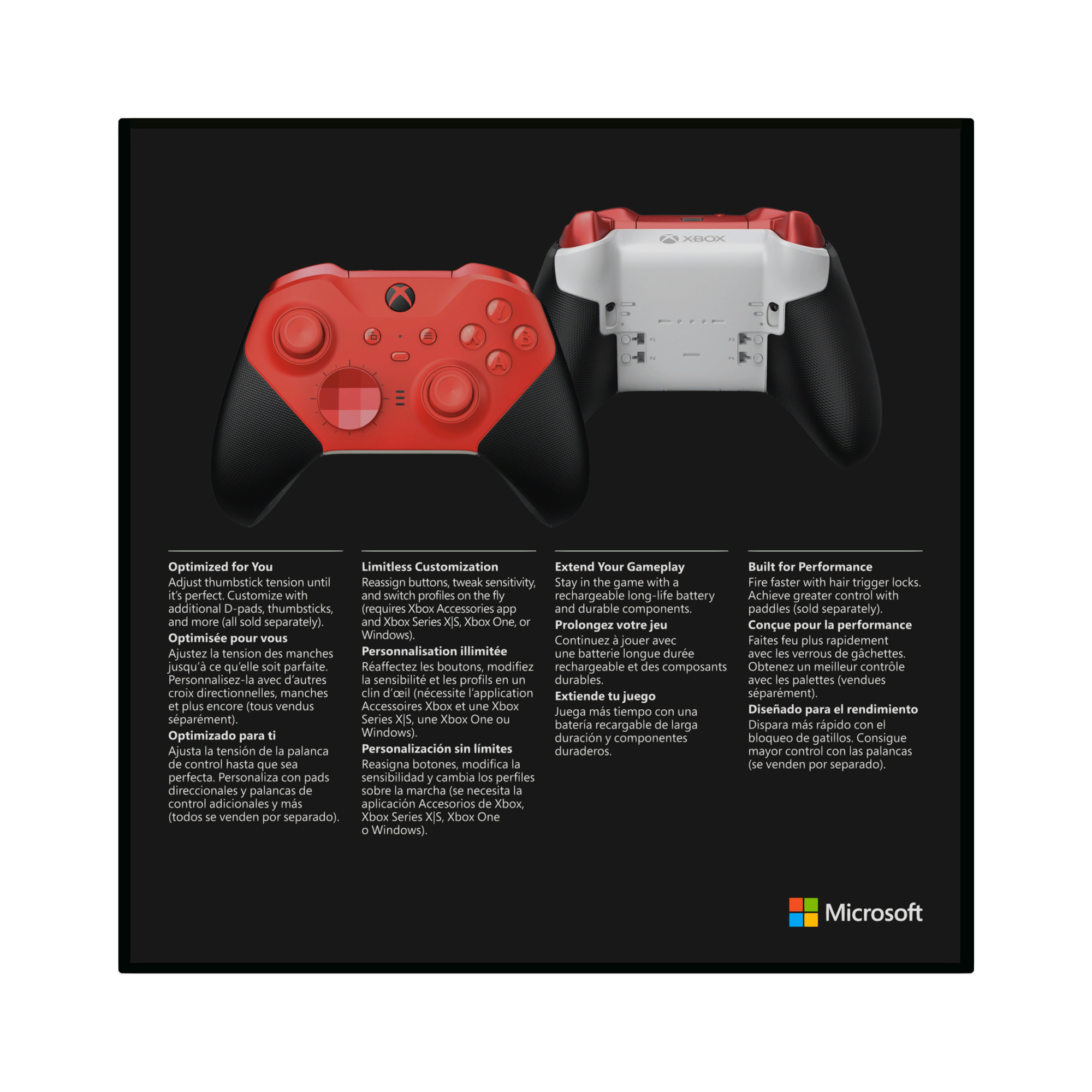 Mando Xbox rojo y negro con texto sobre personalización y rendimiento.