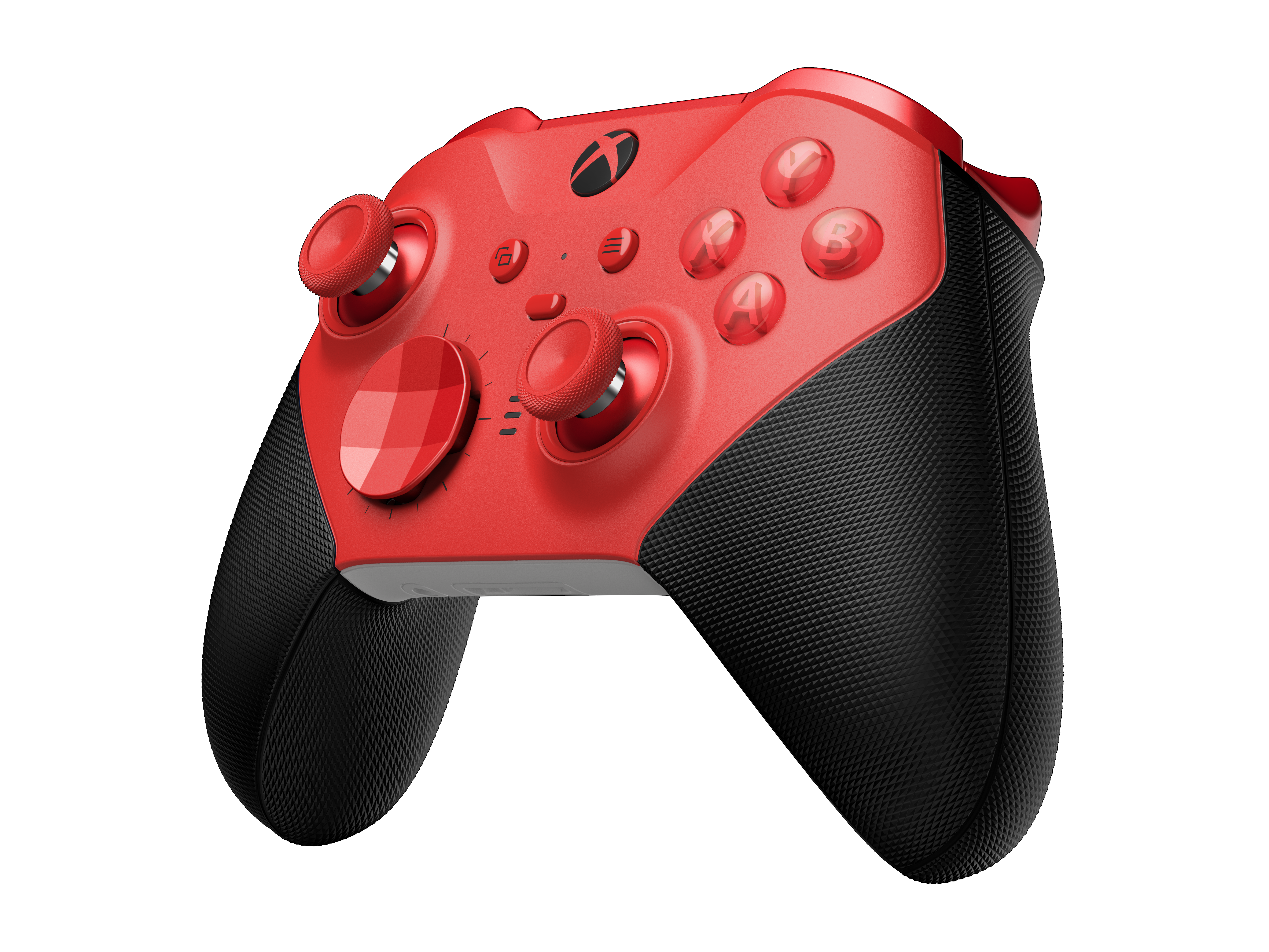 Mando de Xbox rojo y negro con botones rojos y dos joysticks.