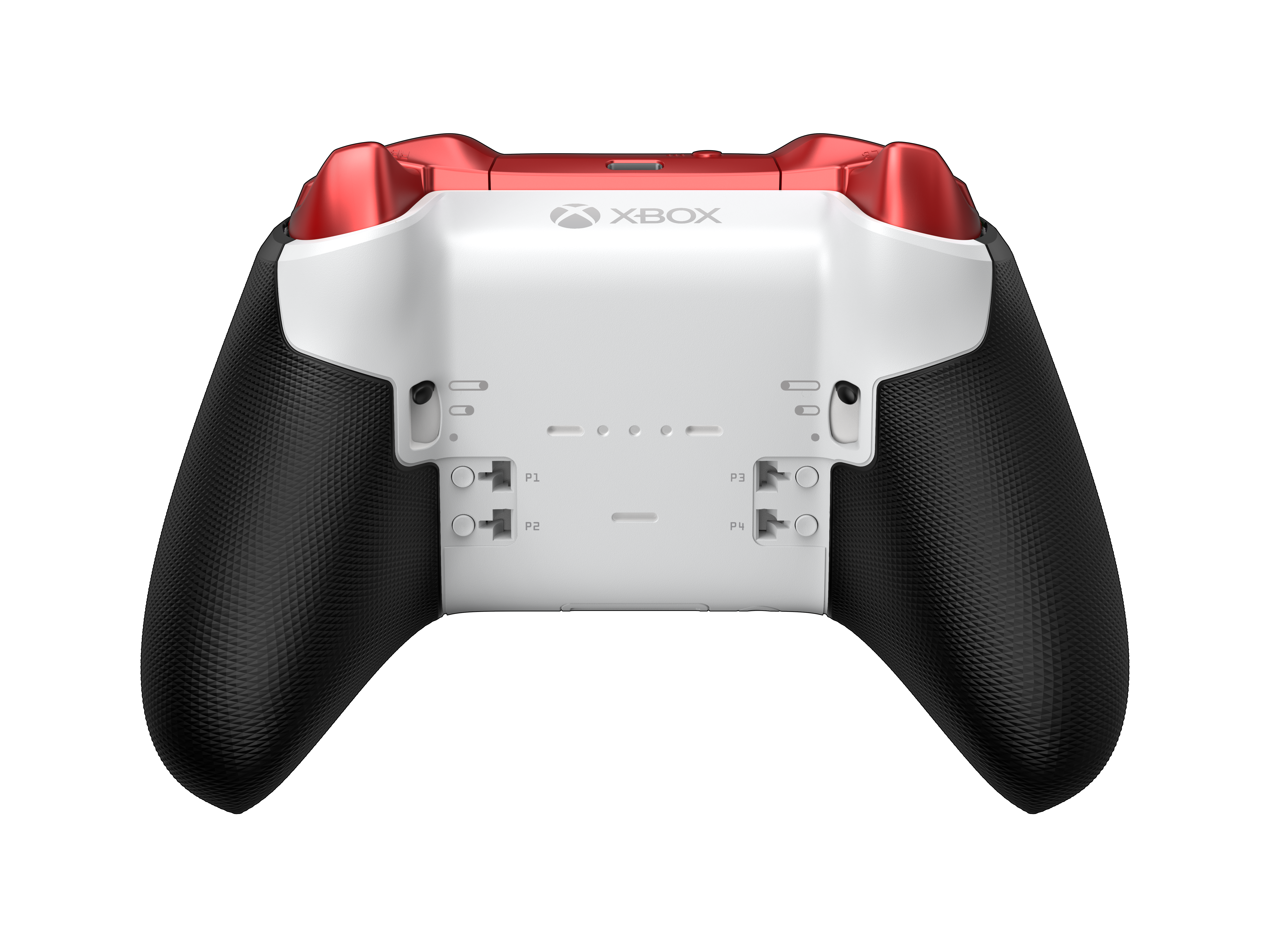La parte trasera de un mando de Xbox rojo y blanco, con agarres y botones negros texturizados.