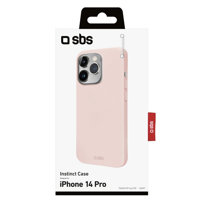 Rosafarbene Handyhülle in der Verpackung. Der Markenname „sbs“ ist sichtbar. Die Hülle ist für das iPhone 14 Pro.