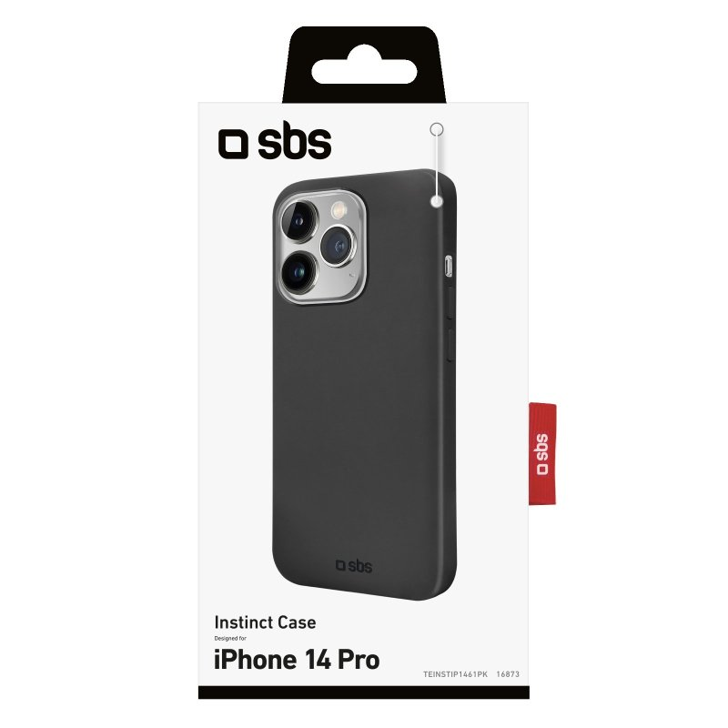 Schwarze Handyhülle für iPhone 14 Pro. Die Verpackung ist sichtbar.