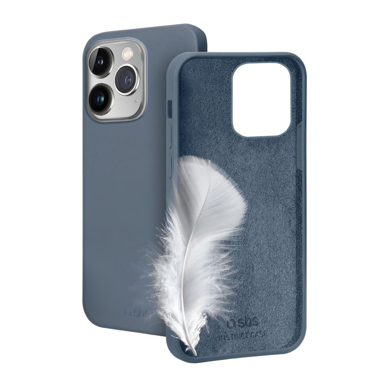 Eine blaue Handyhülle mit einer Feder darin und einem Telefon daneben.