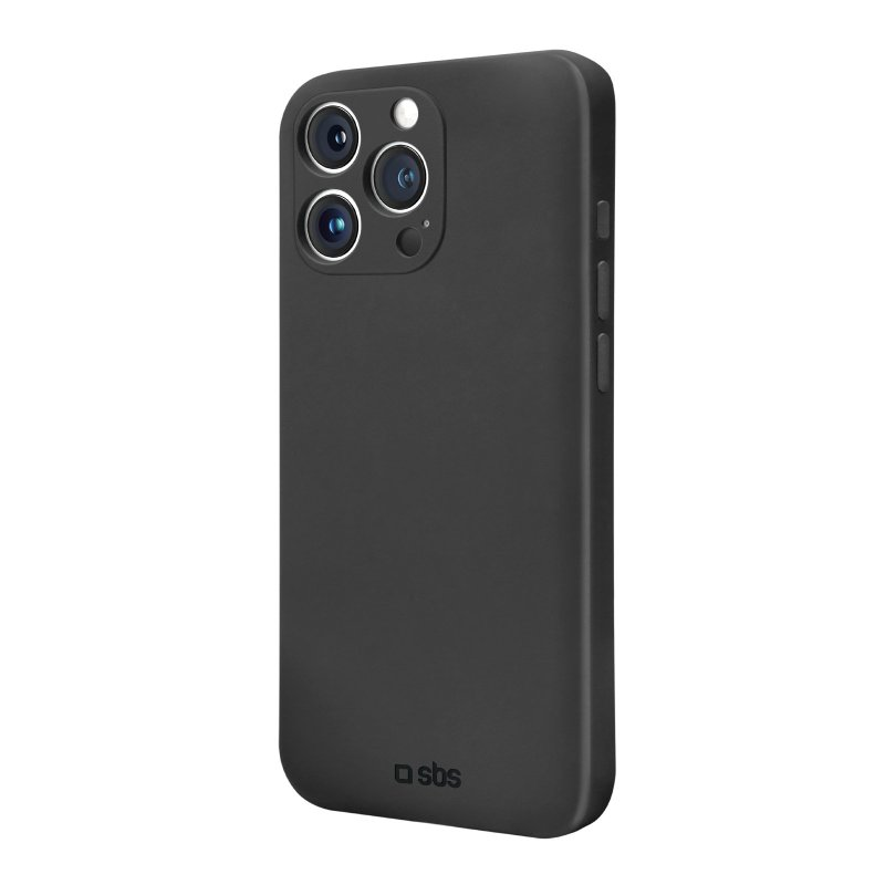 Schwarze Handyhülle für ein iPhone mit drei Kameras. Das Markenlogo ist unten.