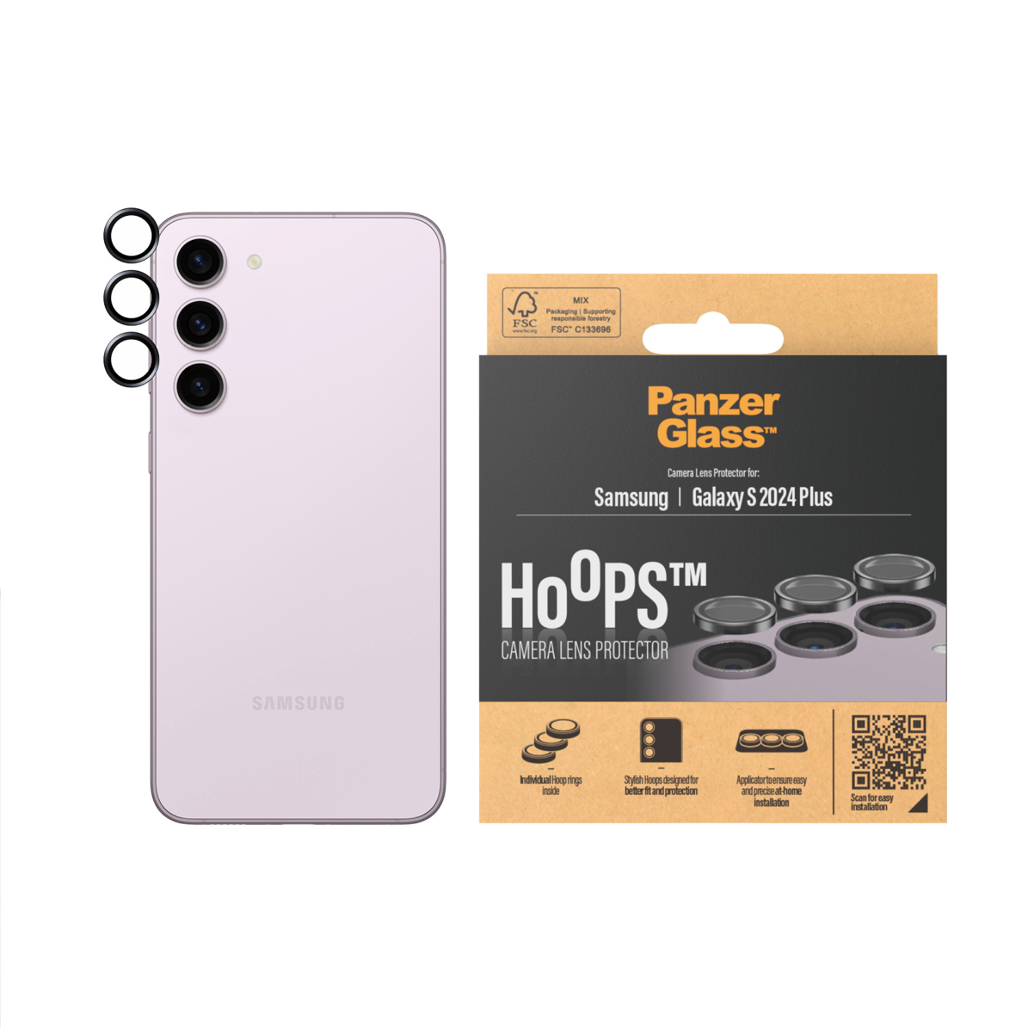 Een telefoon en cameralensbeschermers met een doos en de achterkant van de telefoon.