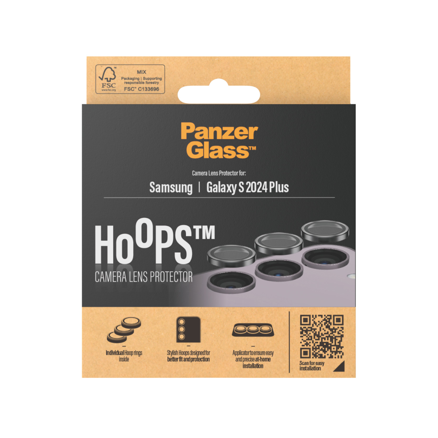 PanzerGlass cameralensbeschermer voor Samsung Galaxy S24 Plus. Verpakking toont product.
