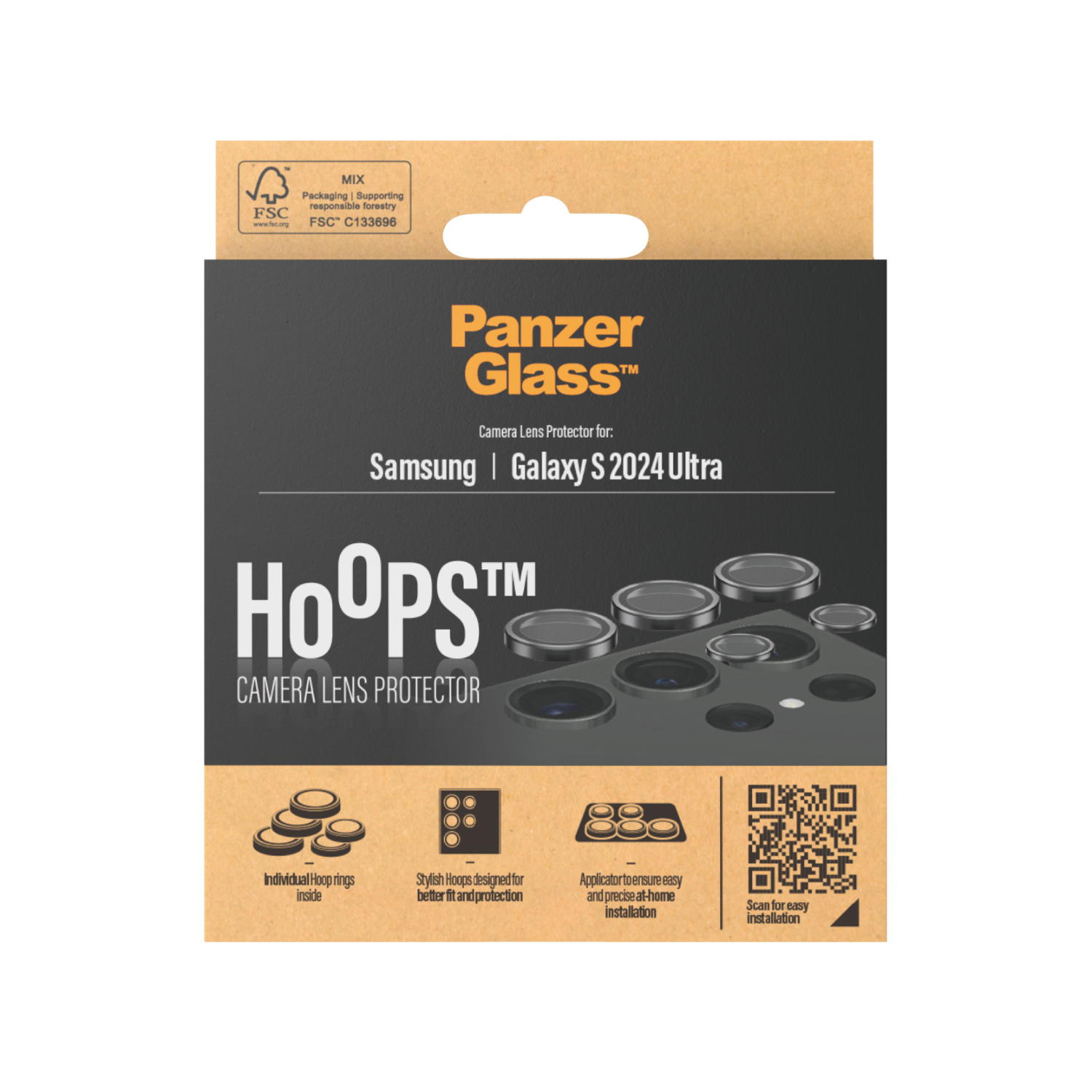 Een zwarte en grijze doos voor een cameralensbeschermer wordt getoond met het PanzerGlass-logo.