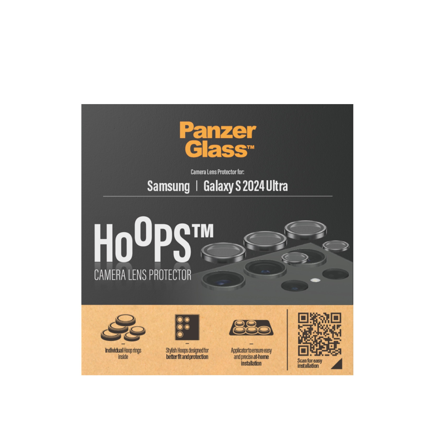Een doos met de tekst PanzerGlass. Er staat 'Camera Lens Protector' en vermeldt de Samsung Galaxy S2024 Ultra.