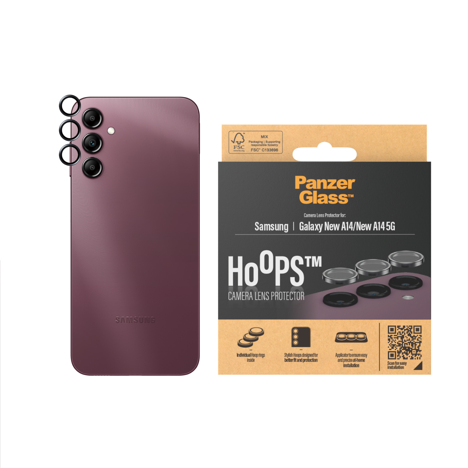 Een paarse Samsung-telefoon met camerabeschermers.