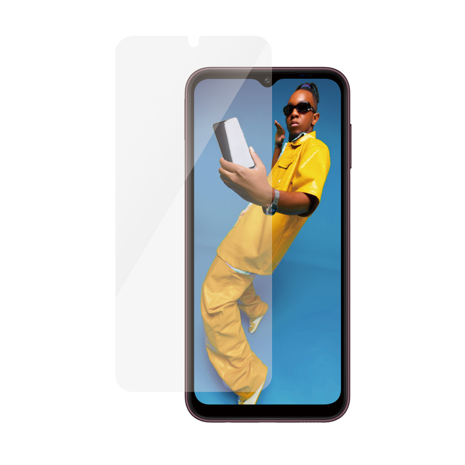 Een persoon die een telefoon vasthoudt met een schermbeschermer en een man op het scherm.