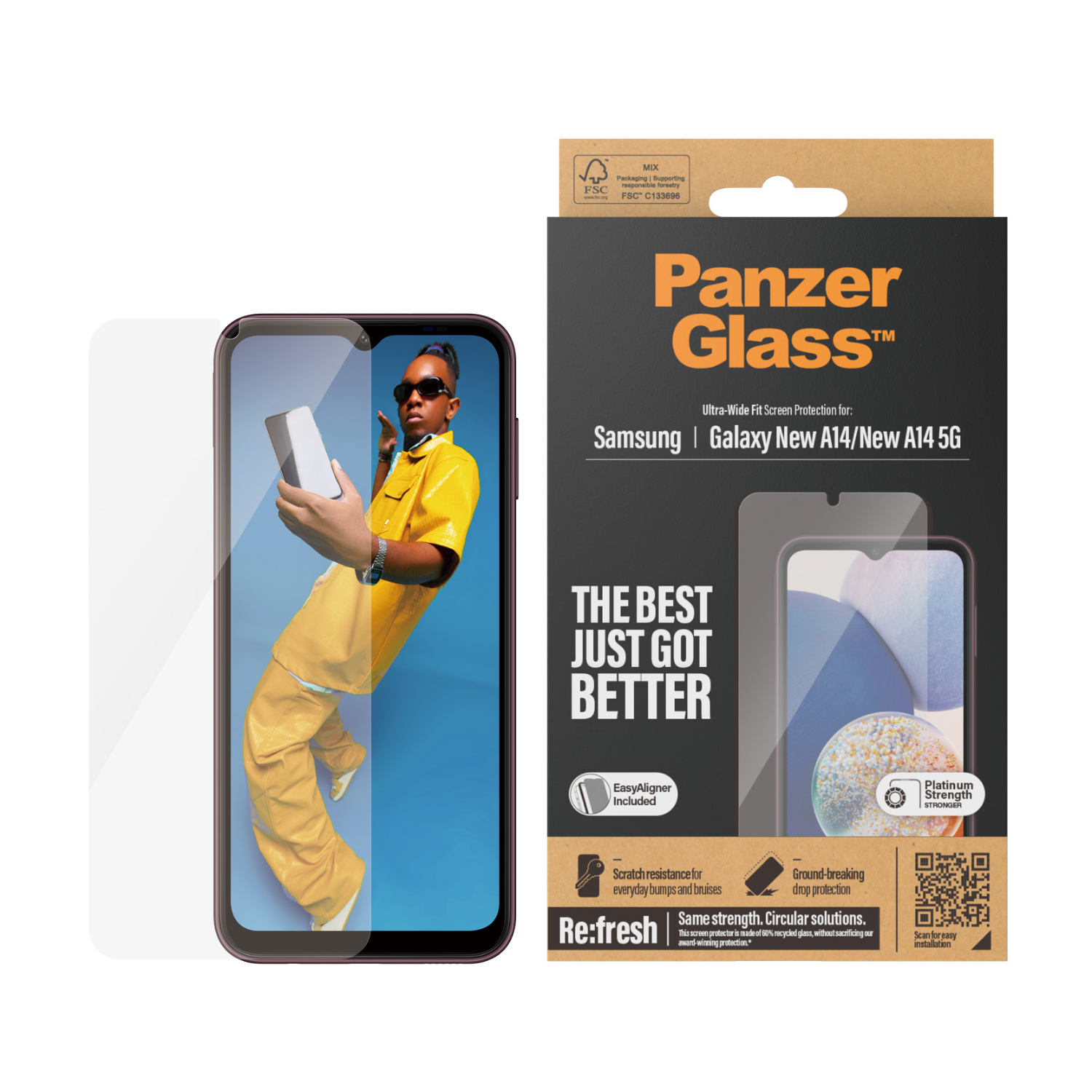 Telefoon met schermbeschermer doos. Telefoon toont man in geel. Doos zegt PanzerGlass.