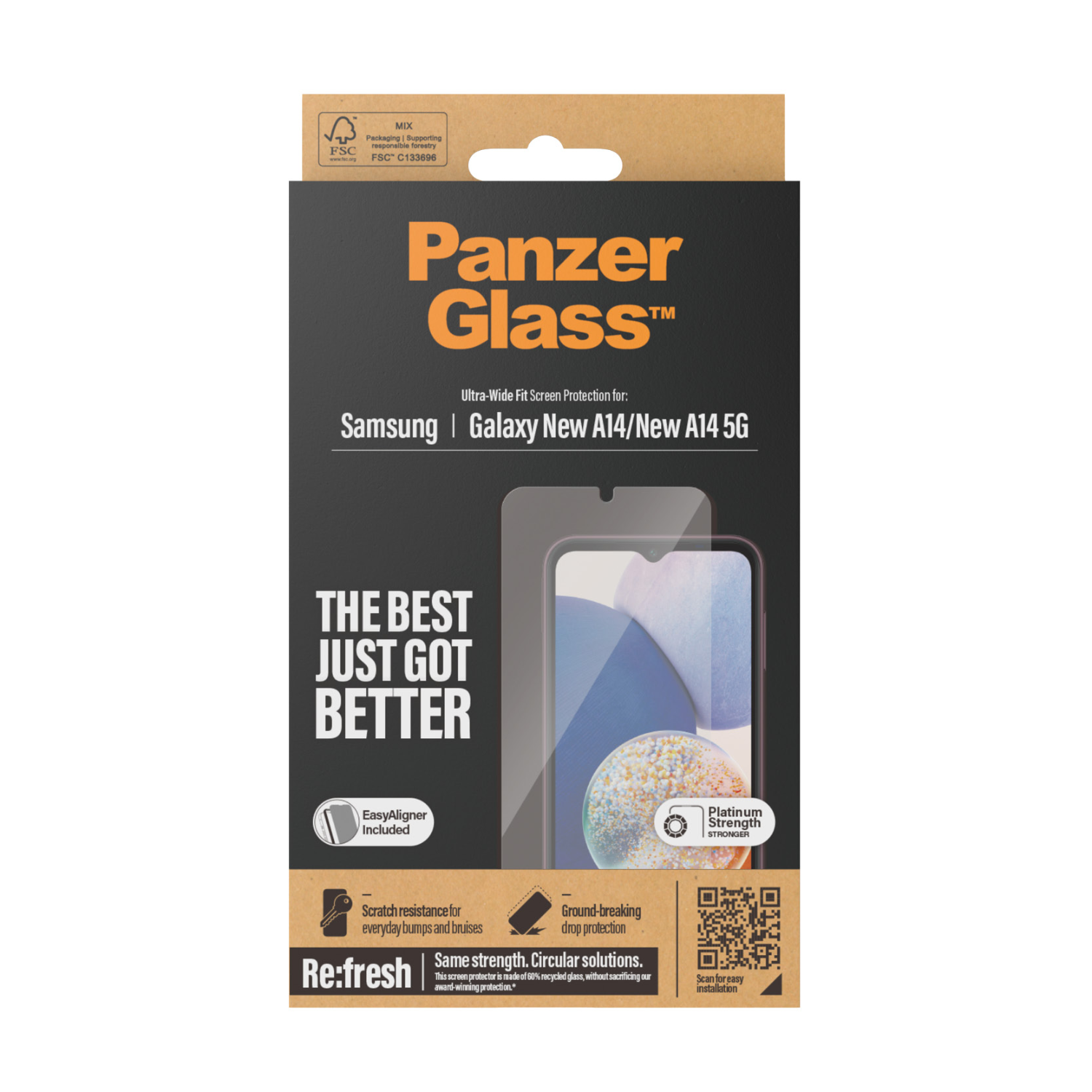 Een doos PanzerGlass schermbeschermer voor Samsung Galaxy telefoon. De doos heeft een heldere schermbeschermer en tekst.