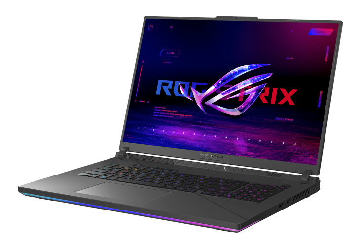Czarny laptop do gier z otwartym ekranem wyświetlającym kolorowy interfejs. Laptop jest na białym tle.