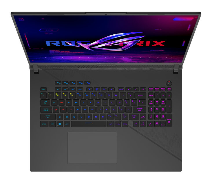 Widok z góry na laptopa z kolorową podświetlaną klawiaturą i ekranem wyświetlającym logo gry.