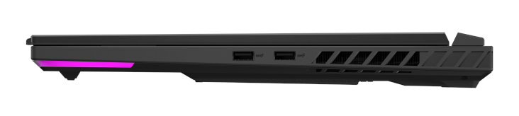 Widok z boku czarnego laptopa z dwoma portami USB i wentylacją, fioletowy akcent na krawędzi.
