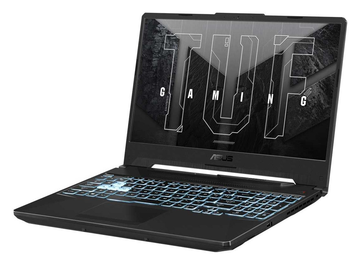 Czarny laptop z podświetlaną klawiaturą, słowo 'GAMING' na ekranie.