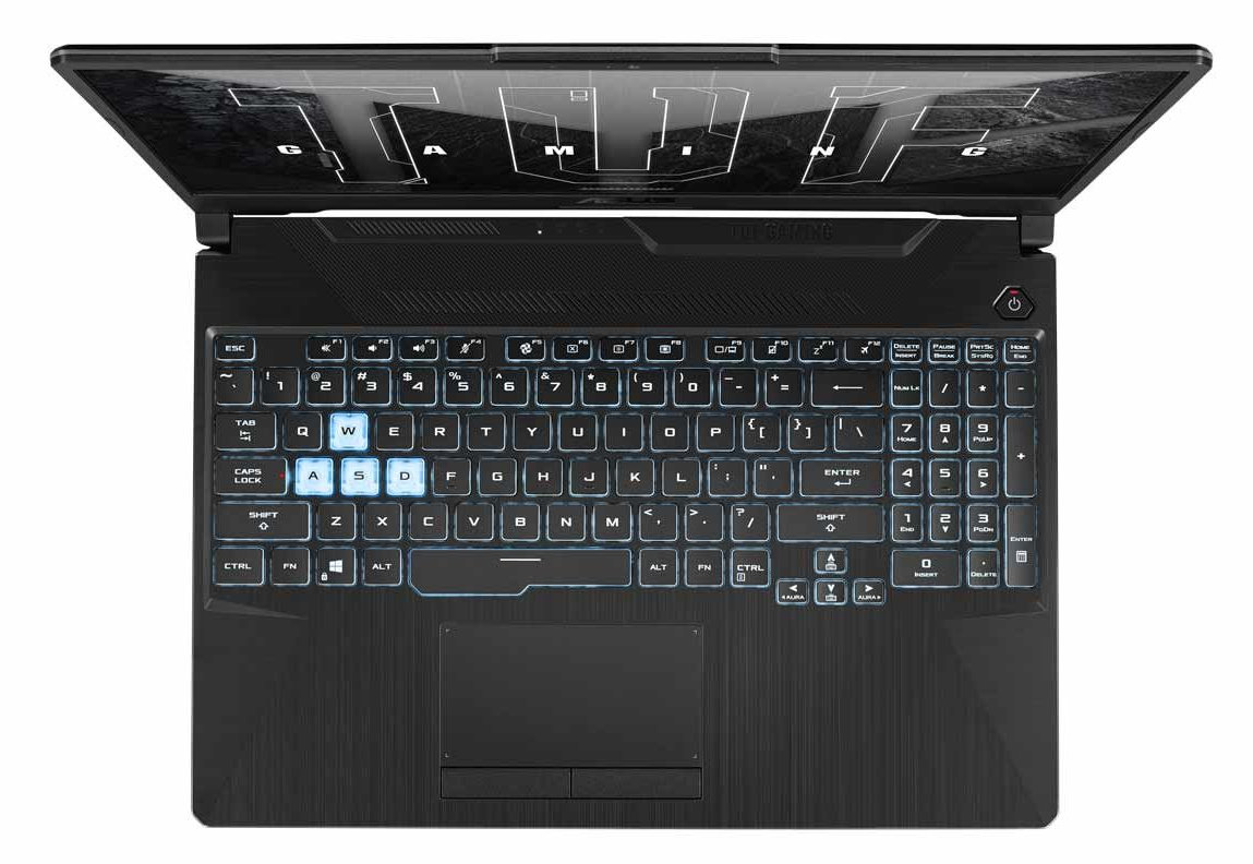 Widok z góry na czarny laptop z podświetlaną klawiaturą, pokazujący otwarty ekran.