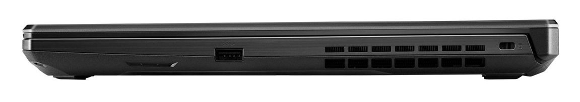 Widok z boku czarnego laptopa. Posiada port USB, otwory wentylacyjne i elegancki design.