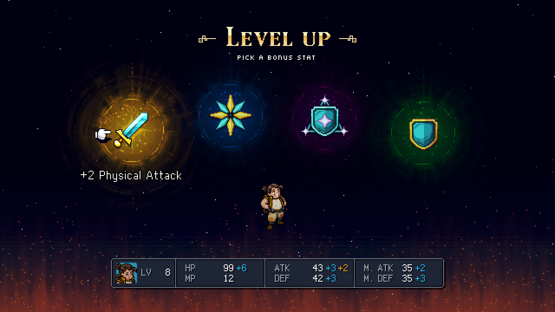 Pikselowana scena z gry. Ekran awansu na poziom, postać w środku. Opcje: miecz, gwiazda, tarcza, tarcza.