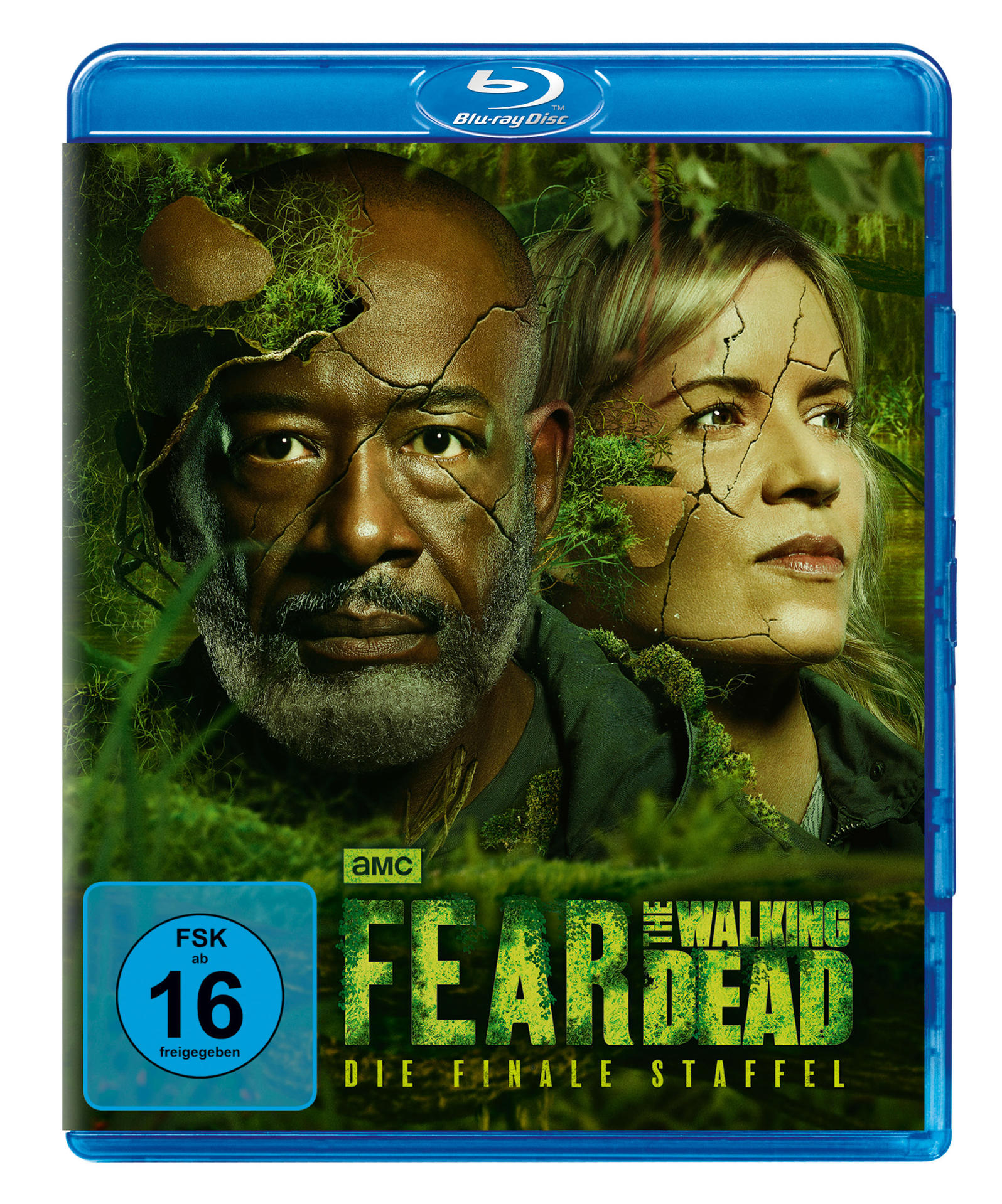 Blu-ray-Cover von 'Fear the Walking Dead'. Gesichter eines Mannes und einer Frau mit dem Titel der Serie und dem Rating-Logo.