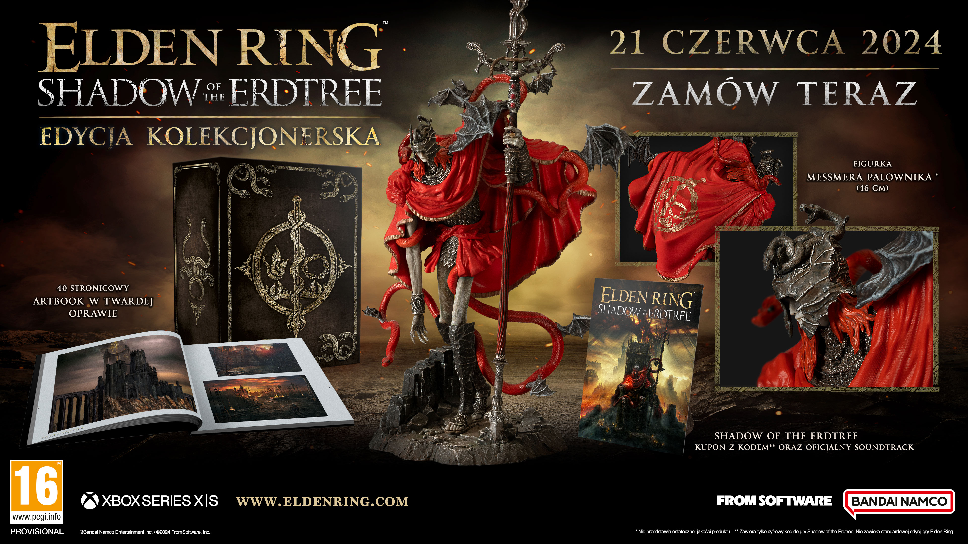 Edycja kolekcjonerska Elden Ring z figurką, artbookiem, grą i materiałami promocyjnymi.