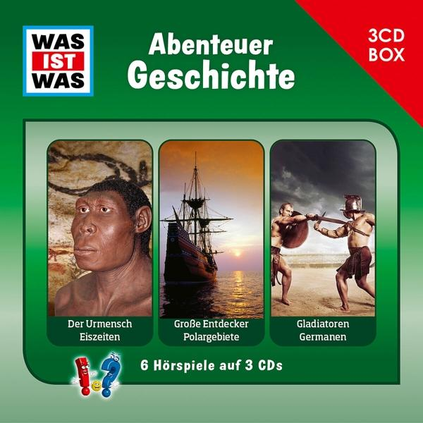 Buchcover mit drei Bildern: Neandertaler, Schiff, Gladiatoren. Text ist auf Deutsch.