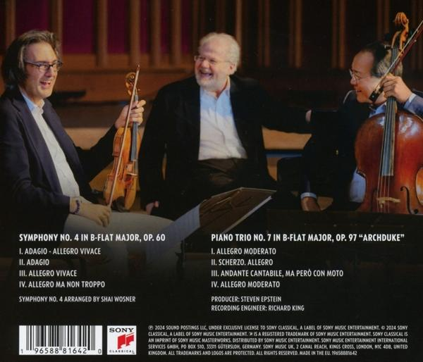 Rückseite einer CD mit Text über klassische Musik und drei Männern mit Instrumenten.