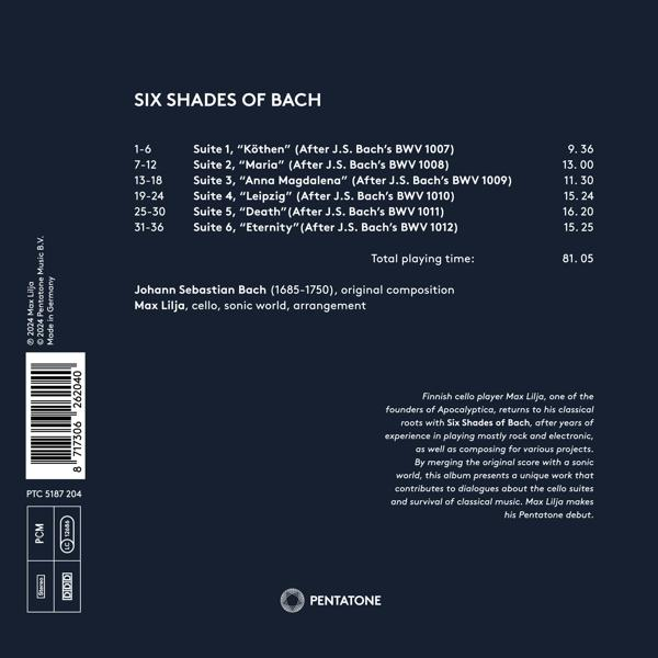 Rückseite einer CD mit dem Titel "Six Shades of Bach" und Titellisten. Text und Logo sichtbar.