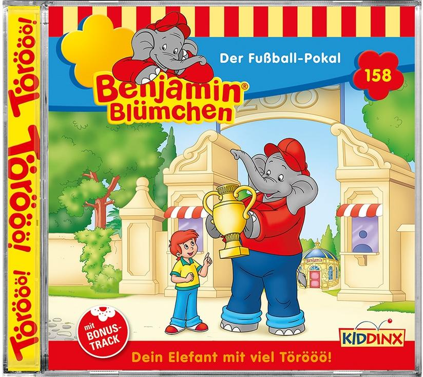 Benjamin Blümchen DVD-Cover. Elefant mit Trophäe, Junge, Cartoon-Zoo-Hintergrund. Text.