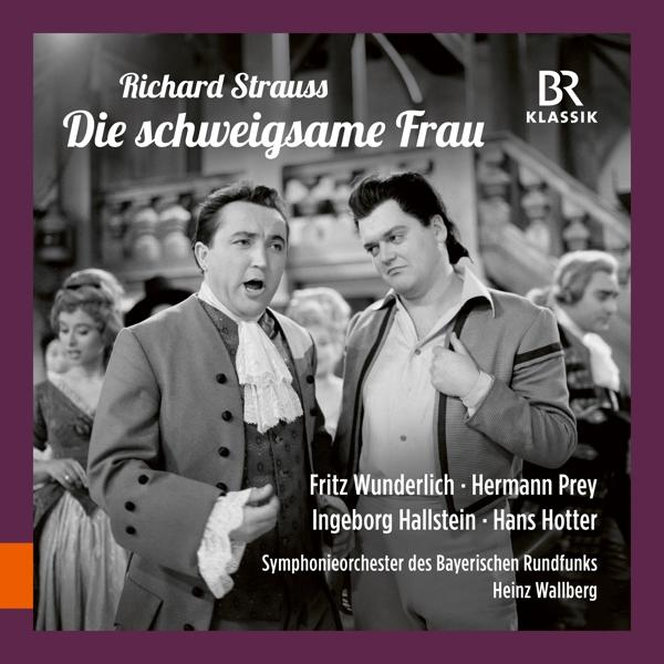 Opern-CD-Cover: Zwei Männer in historischer Kleidung, Titel: Die schweigsame Frau. Lila Hintergrund.