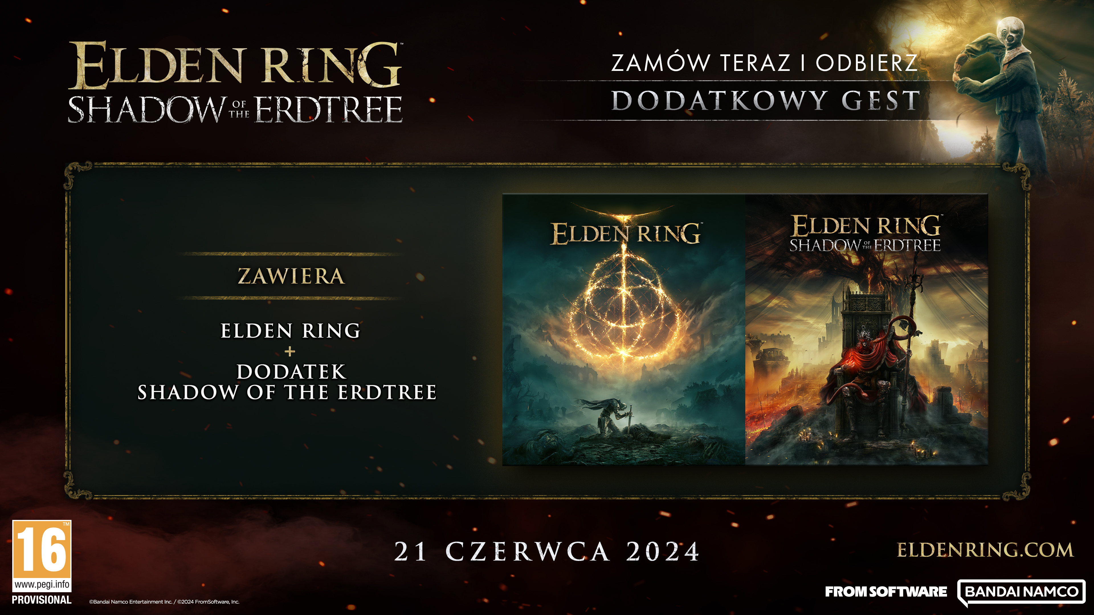 Reklama gry Elden Ring: Shadow of the Erdtree. Wyświetla okładki gier i datę premiery.