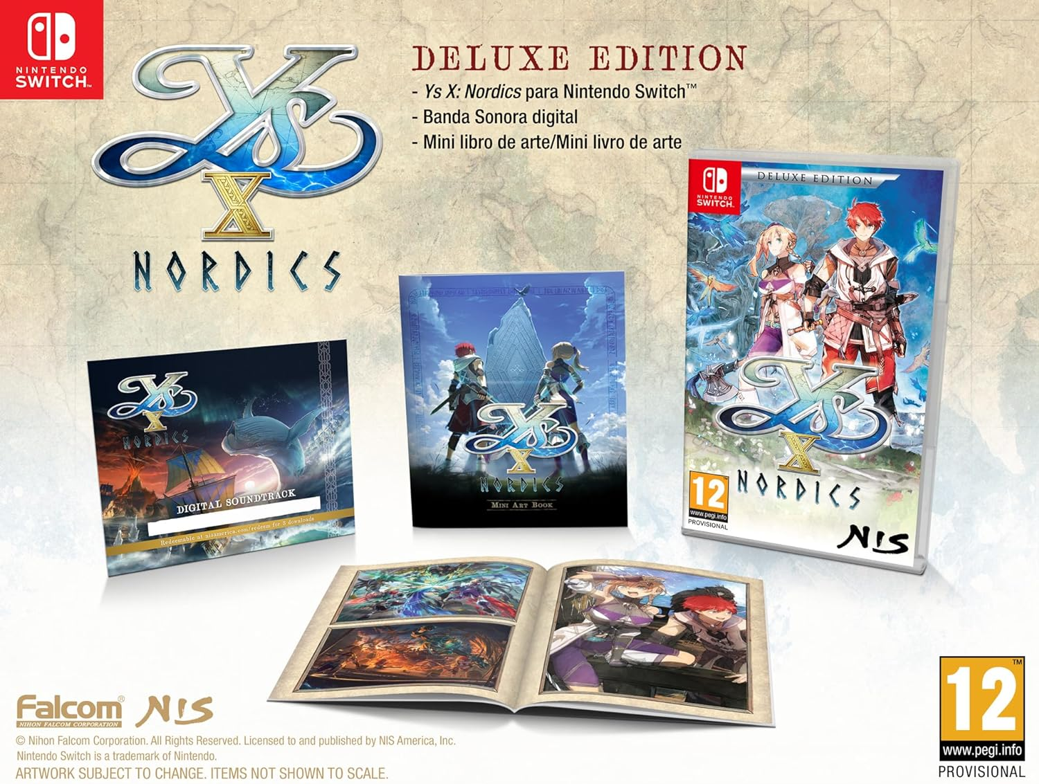 Edición Deluxe de Ys X: Nordics para Nintendo Switch, incluyendo juego, banda sonora y libro de arte.