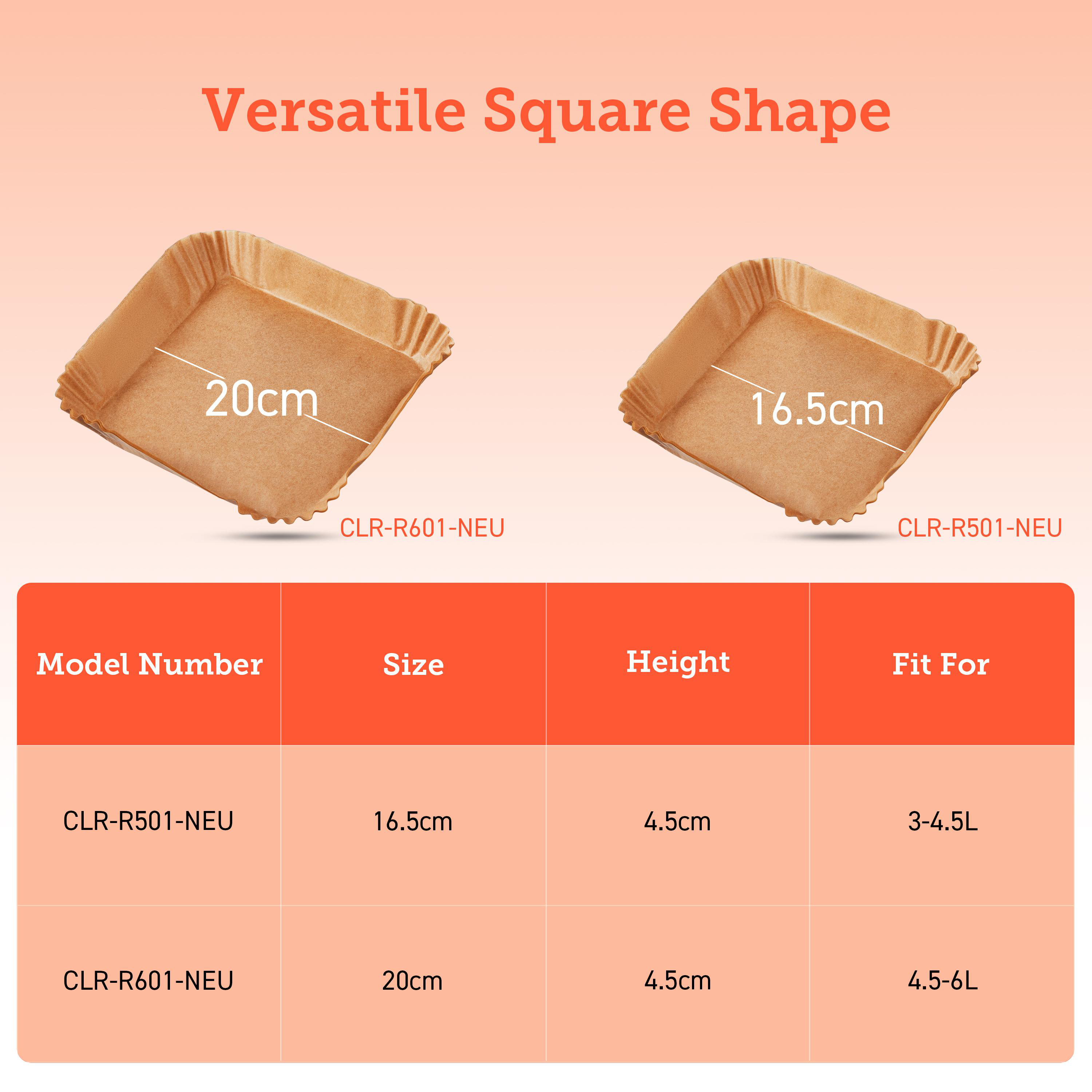 Quadratisches Backpapier mit Abmessungen und Modellnummern in einer Tabelle, Text 'Versatile Square Shape'.