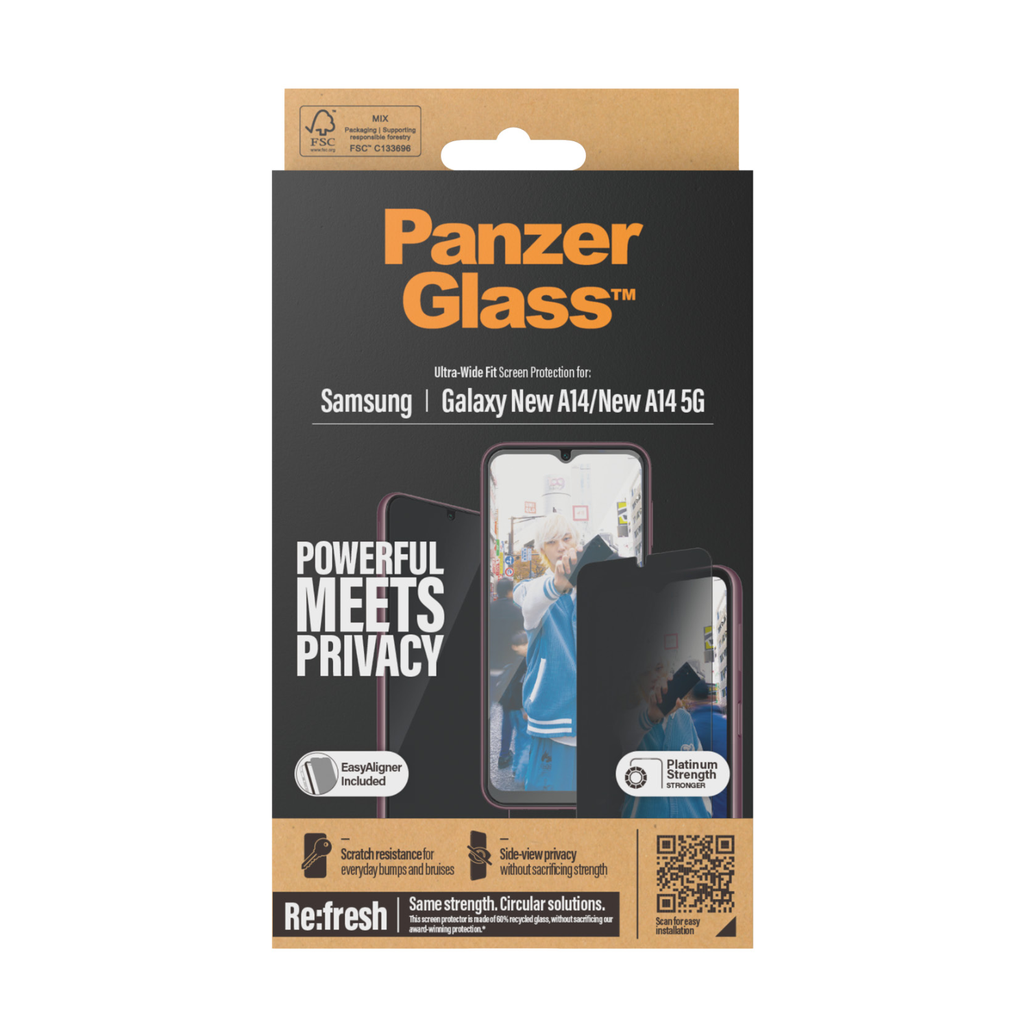 Telefoonschermbeschermer doos. Tekst: PanzerGlass, Powerful meets privacy, en Re:fresh.