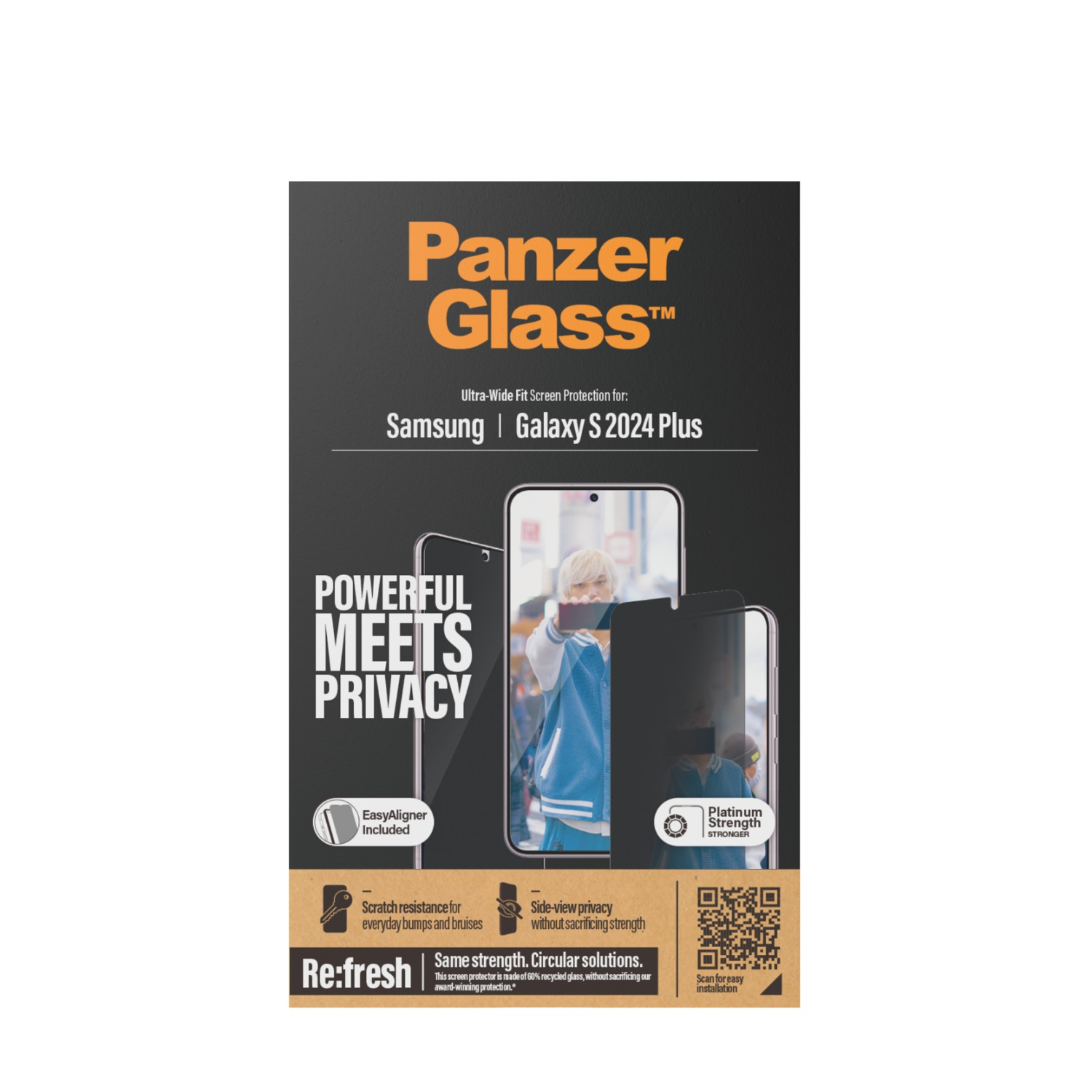 Doos met telefoonhoesje, tekst "Panzer Glass". Witte achtergrond, afbeelding van telefoon en tekst die functies uitlegt.