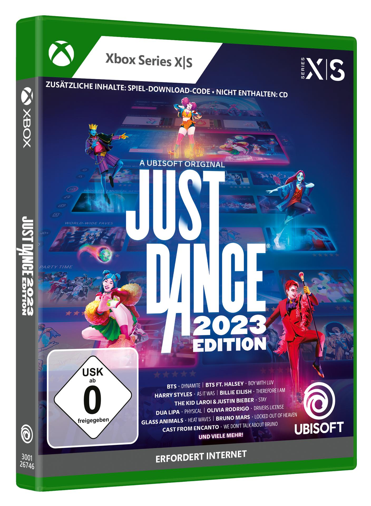 Spielbox für Just Dance 2023 Edition. Die Box hat ein farbenfrohes Design mit Spielfiguren.
