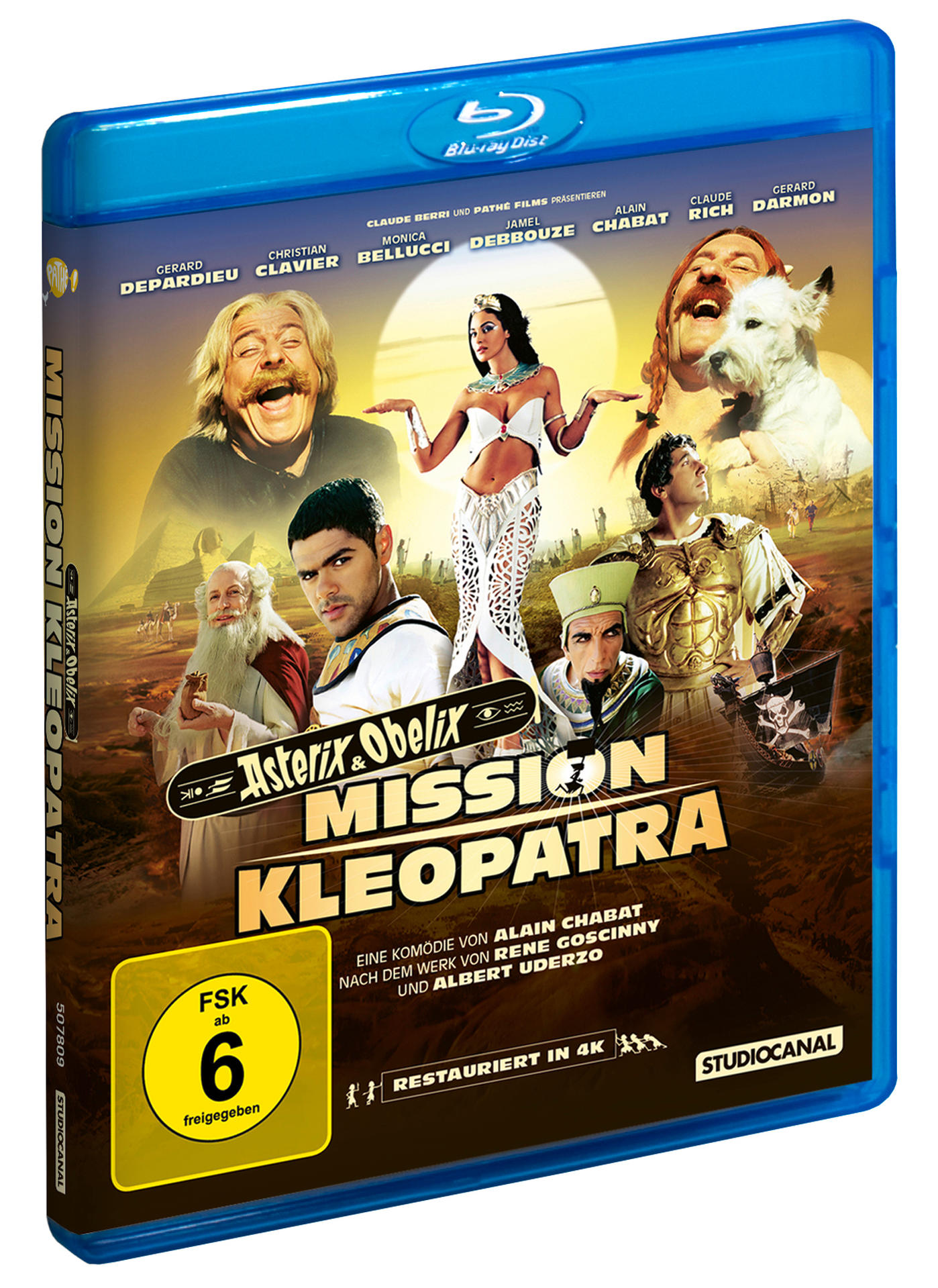 Blu-ray-Disc-Cover. Filmtitel: Asterix & Obelix: Mission Cleopatra. Charaktere sind abgebildet.