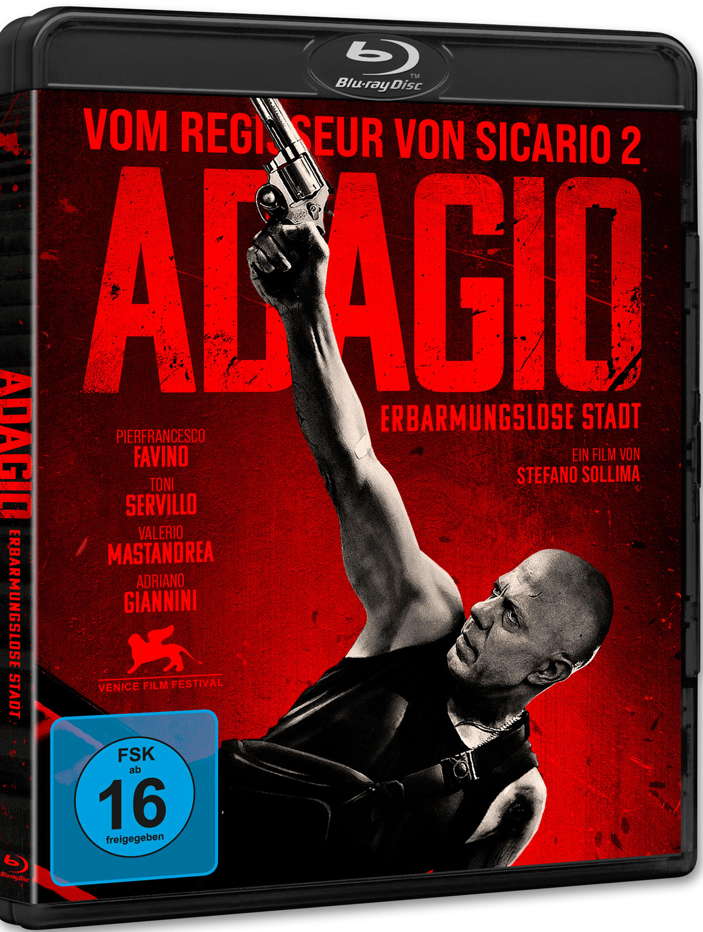 Adagio Blu-ray-Cover. Ein Mann hebt eine Waffe. Roter Hintergrund, Text 'Adagio' und Namen der Schauspieler.